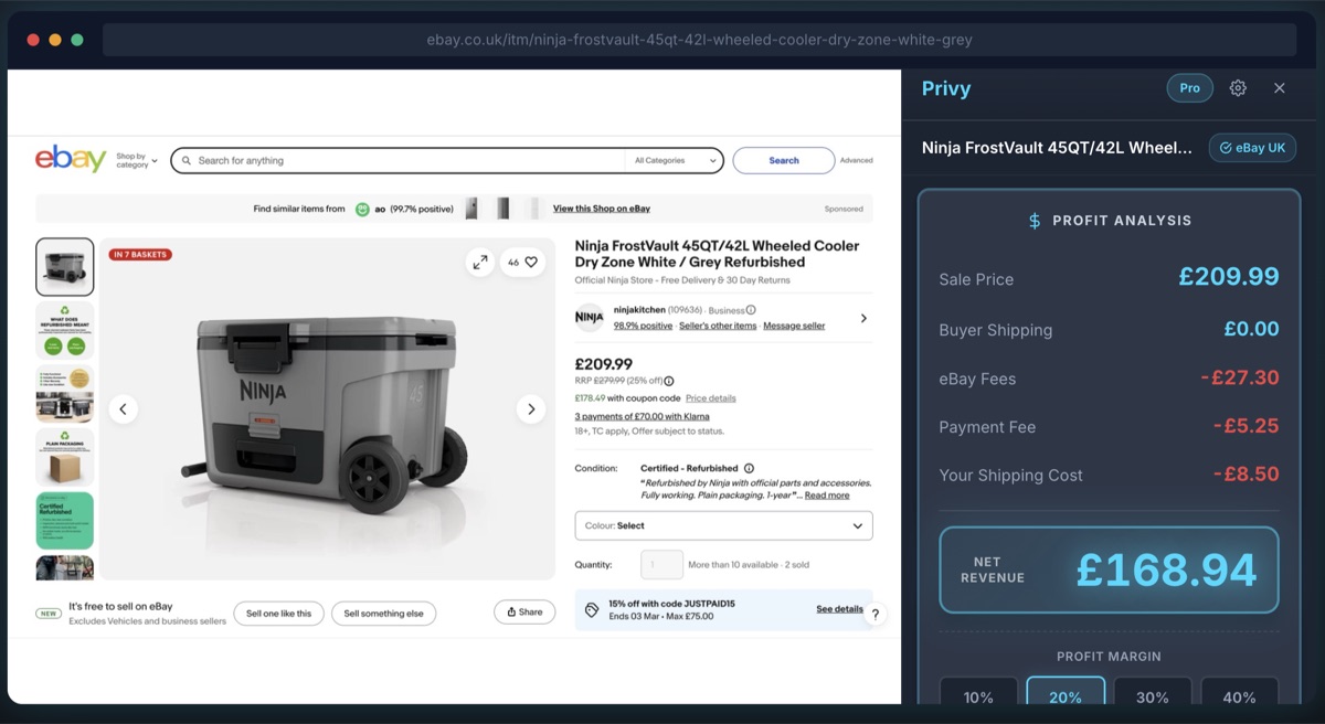 Privy extension showing profit analysis alongside an eBay listing